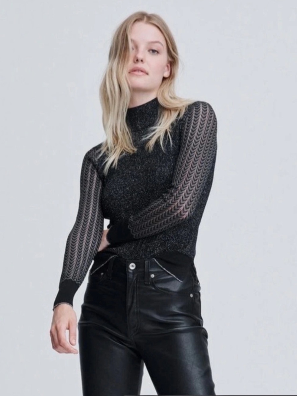 Rag & Bone Rower Black Sparkle Turtleneck Sweater Size Large Sheer Sleeve